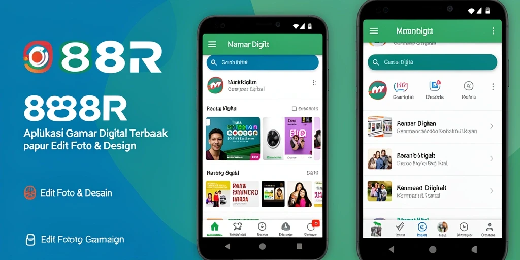 Screenshot antarmuka aplikasi 888R menampilkan fitur edit foto dan desain grafis.