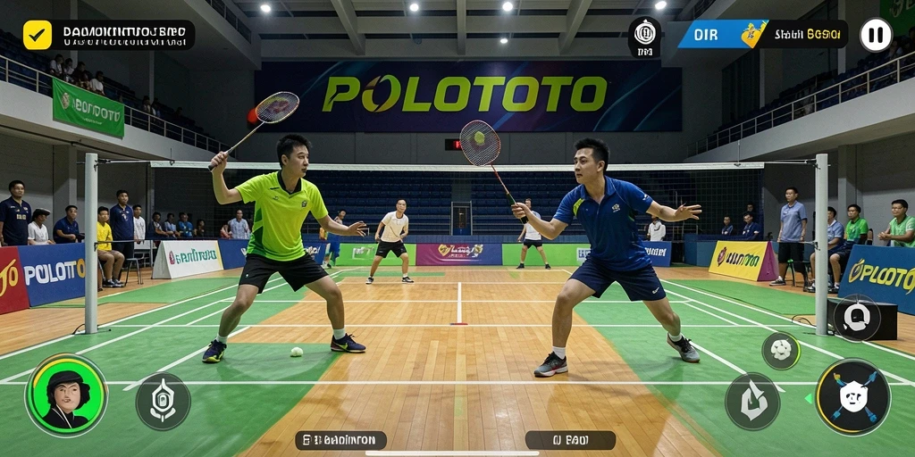 Antarmuka menarik dengan karakter badminton yang dinamis.